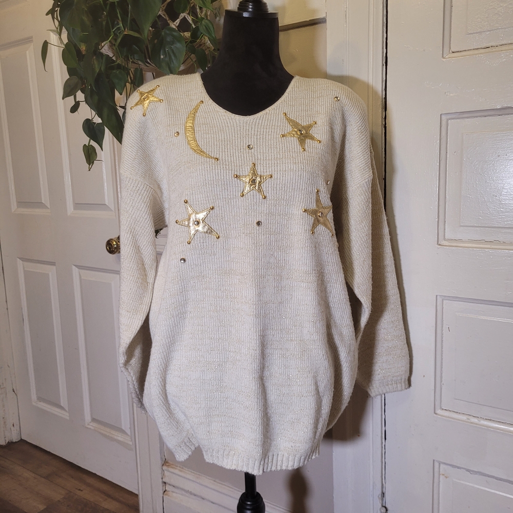Vtg Shimmering Gold Star Embellished Sweater/t198